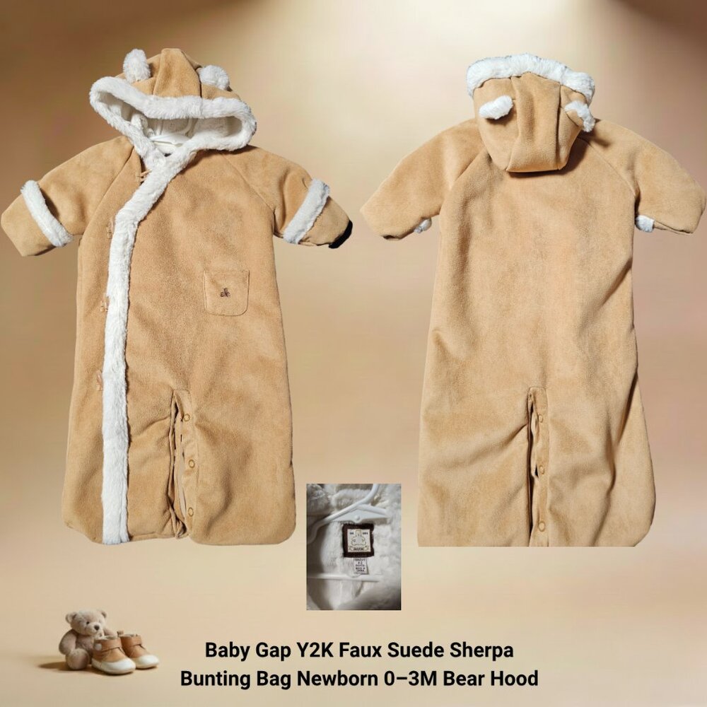 Baby Gap Y2K Faux Suede Sherpa Bunting Bag Newborn 0–3M Bear Hood
